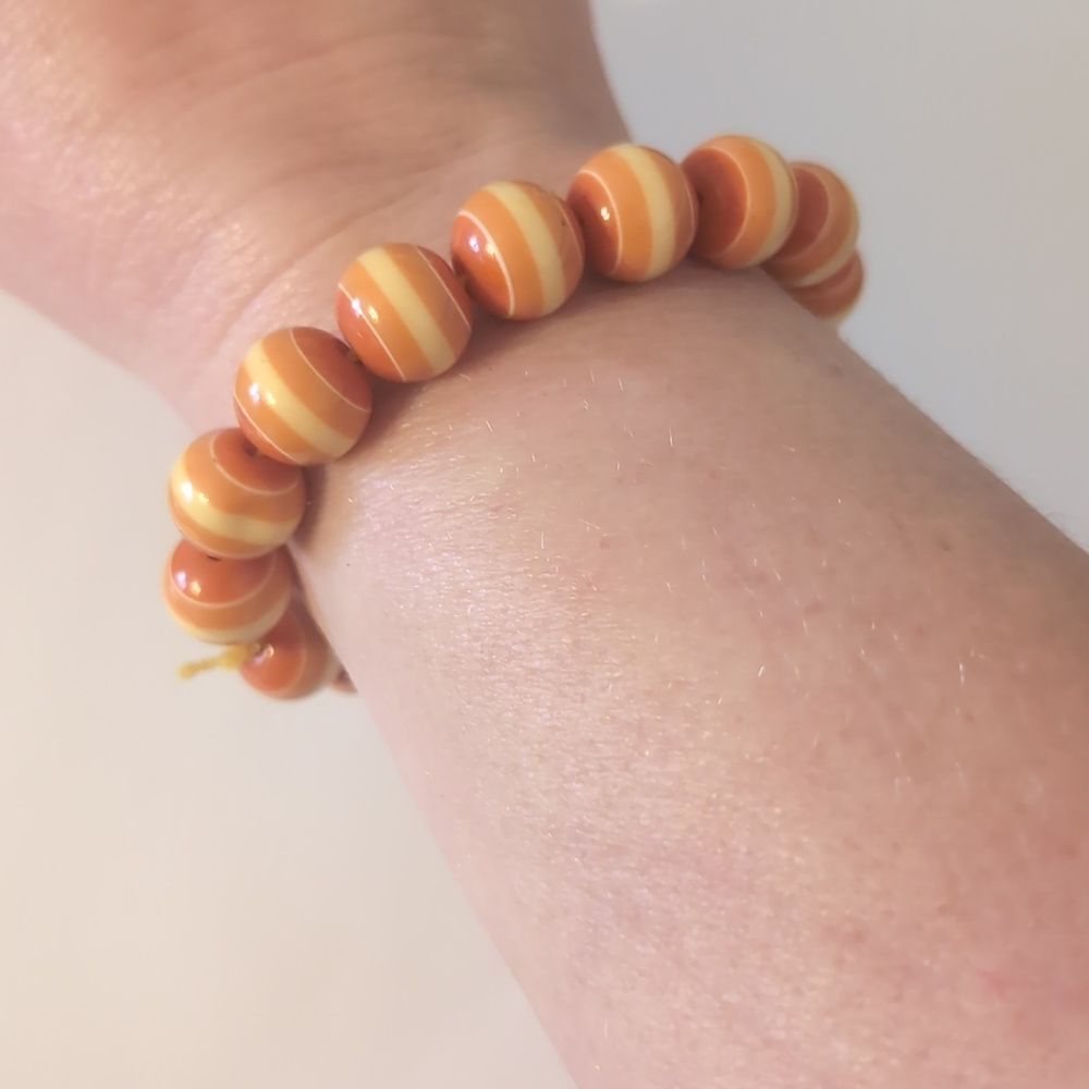 667 Orange Striped Beaded Stretch Bracelet